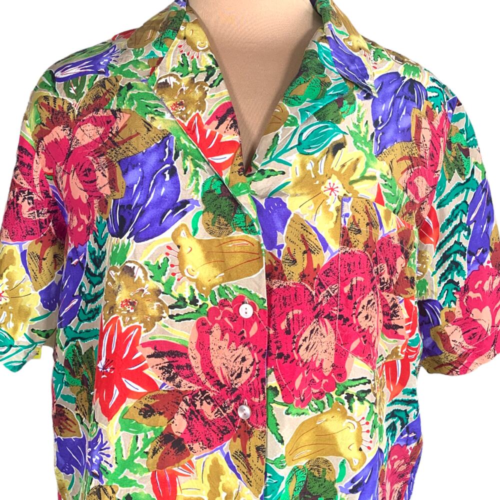 Vintage Saks Fifth Avenue Silk Floral Shirt Boho Tropical Medium Vacation Top